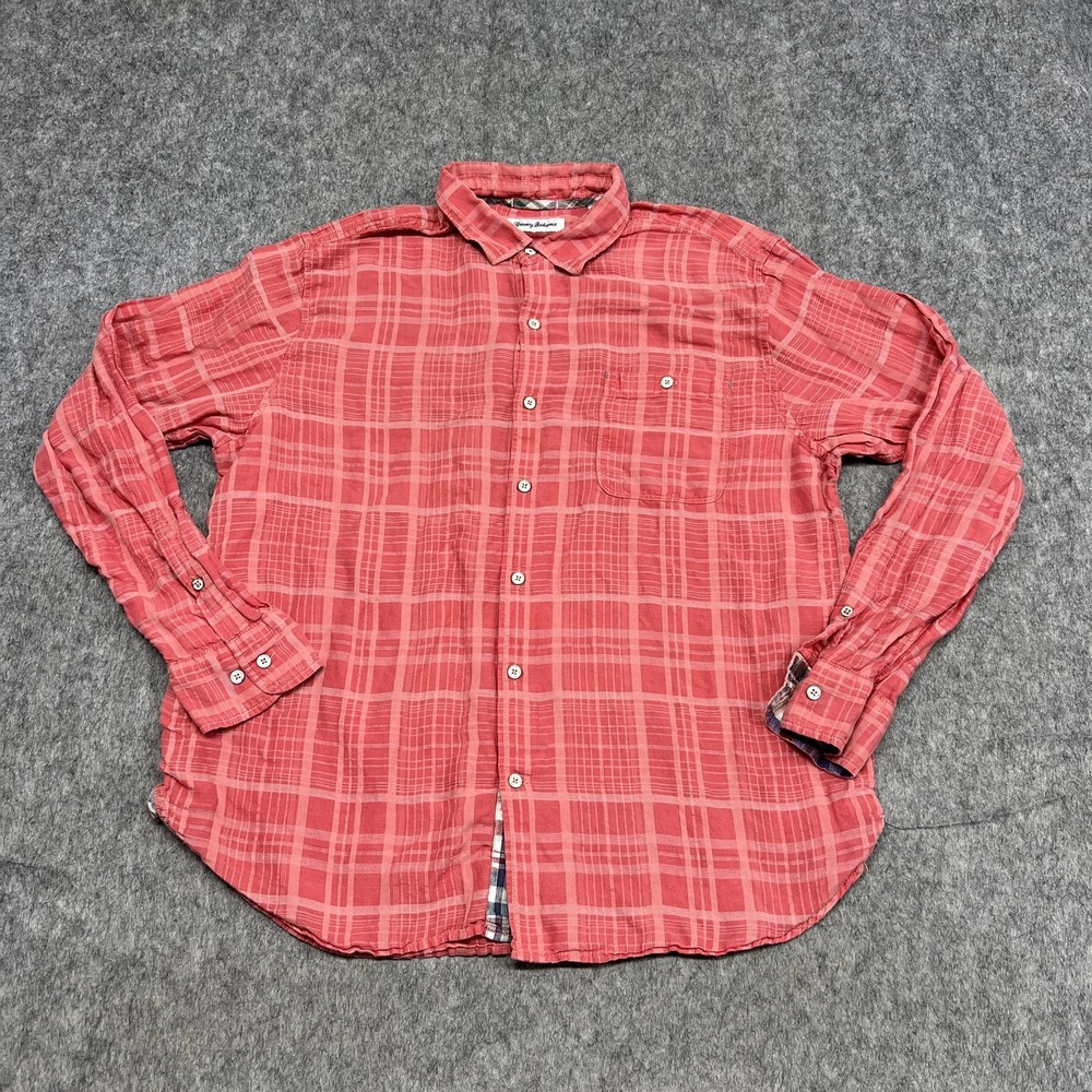 Tommy‎ Bahama Shirt Mens XL Red Plaid Linen Tencel Long Sleeve Button Front